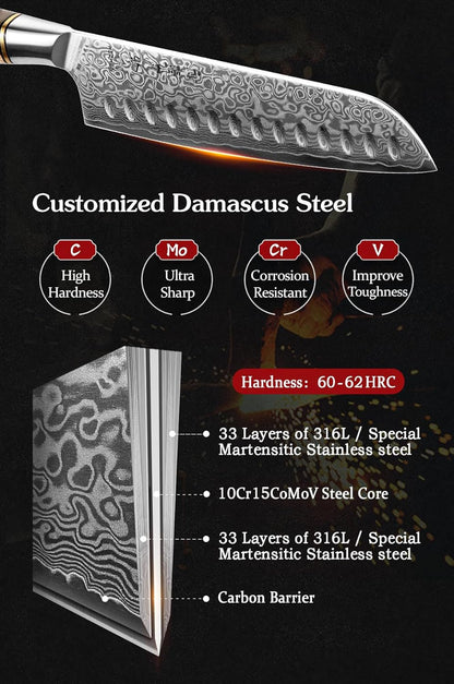 5 inch Utility Knife with Razor Sharp- Damascus Steel with Rose Pattern Multifunctional VG10 Professional Paring-Fruit knife- Master Series Ergonomic Figured Sycamore Wood Handle