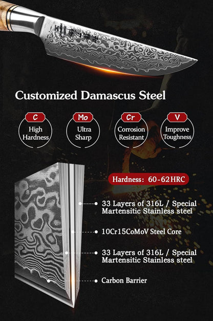5 inch Utility Knife with Razor Sharp- Damascus Steel with Rose Pattern Multifunctional VG10 Professional Paring-Fruit knife- Master Series Ergonomic Figured Sycamore Wood Handle