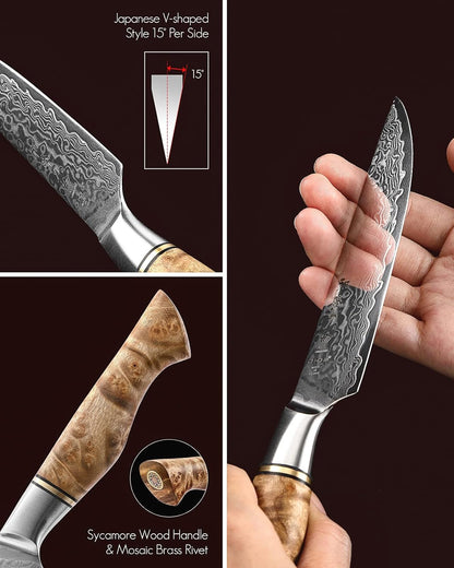 5 inch Utility Knife with Razor Sharp- Damascus Steel with Rose Pattern Multifunctional VG10 Professional Paring-Fruit knife- Master Series Ergonomic Figured Sycamore Wood Handle