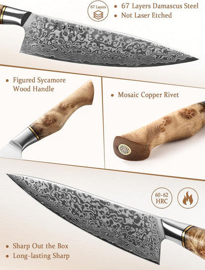 5 inch Utility Knife with Razor Sharp- Damascus Steel with Rose Pattern Multifunctional VG10 Professional Paring-Fruit knife- Master Series Ergonomic Figured Sycamore Wood Handle