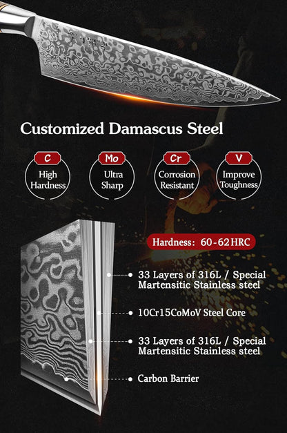5 inch Utility Knife with Razor Sharp- Damascus Steel with Rose Pattern Multifunctional VG10 Professional Paring-Fruit knife- Master Series Ergonomic Figured Sycamore Wood Handle