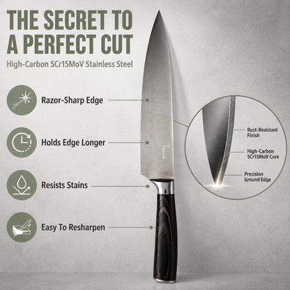 Kitchen Knife Set High-Carbon 5Cr15MoV Stainless Steel Blades with Pakkawood Handles – Professional Chef, Santoku, Bread, Utility & Paring Knives for Home Cooking – Gift Box Included