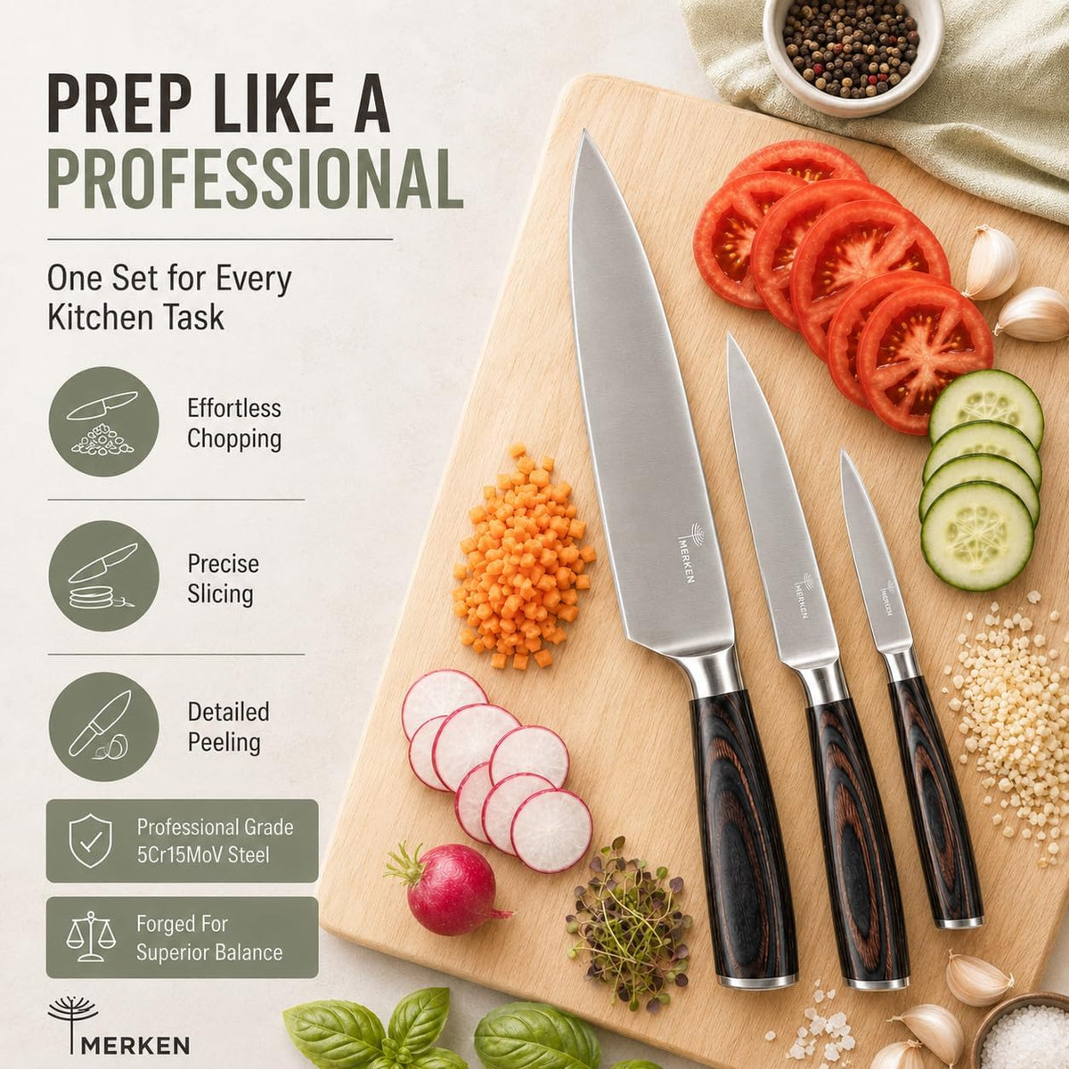 Kitchen Knife Set High-Carbon 5Cr15MoV Stainless Steel Blades with Pakkawood Handles – Professional Chef, Santoku, Bread, Utility & Paring Knives for Home Cooking – Gift Box Included