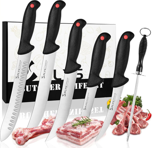 Plys From Prep to Plate: The 7-Piece Butcher Knife Set for Complete Meat & BBQ Mastery Featuring 10" Butcher, 6" Boning/Skinning/Fillet, and 8"/10" Slicing Knives in 4Cr13Mov Steel.