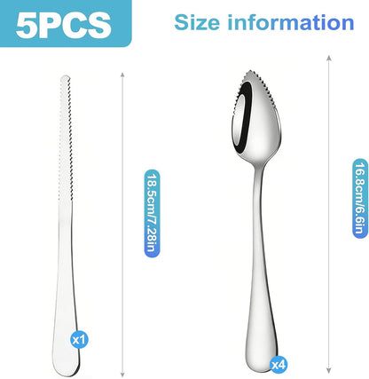 5-Piece Grapefruit Spoon and Knife Set Stainless Steel Serrated Edge Heavy Duty Kitchen Utensils for Grapefruit Oranges Kiwi Citrus Fruits Desserts