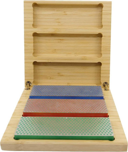 DMT Deluxe Diamond Professional Knife Sharpening Kit - Includes Set of 3 Diamond Whetstone Blocks for Kitchen Knives, Lawn Mower Blades, Hunting/Butchery Tools, and More - Comes in Natural Wood Box