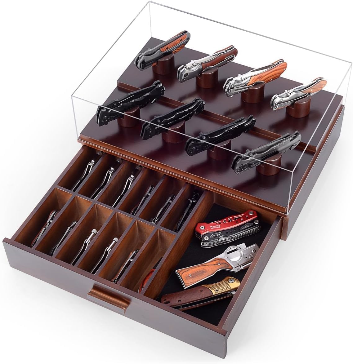 Knife Display Case, Pocket Knife Collection Display Holder, Folding Knife Wooden Showcase Display Organizer Storage with Drawers and Acrylic Cover, Surprise Gift for Men