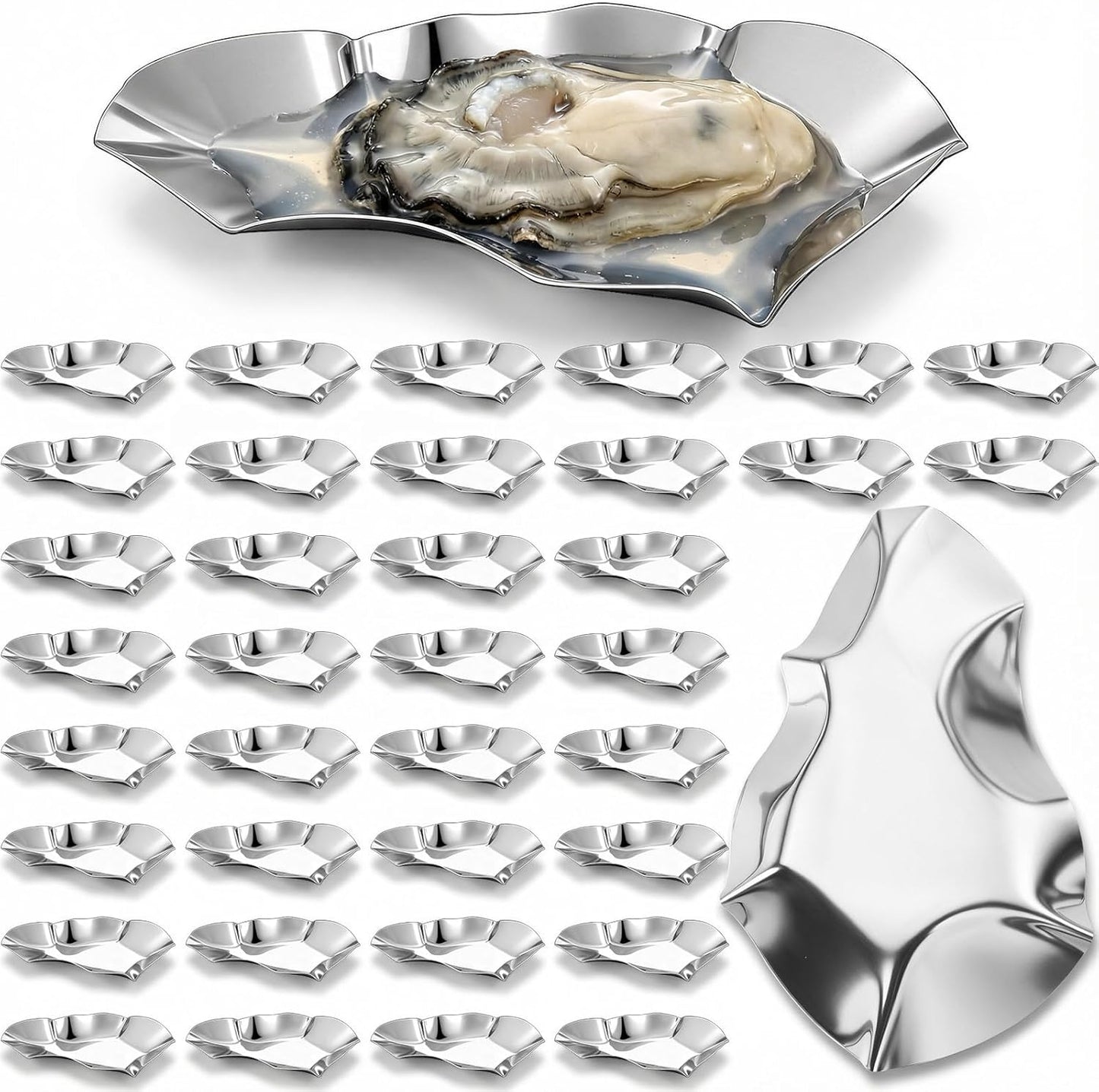 36 Pcs Grillable Stainless Steel Oyster Shells for Cooking and Baking, Reusable Metal Shells Oysters Tray Silver Kitchen Oyster Dish for Seafood Clams Scallops
