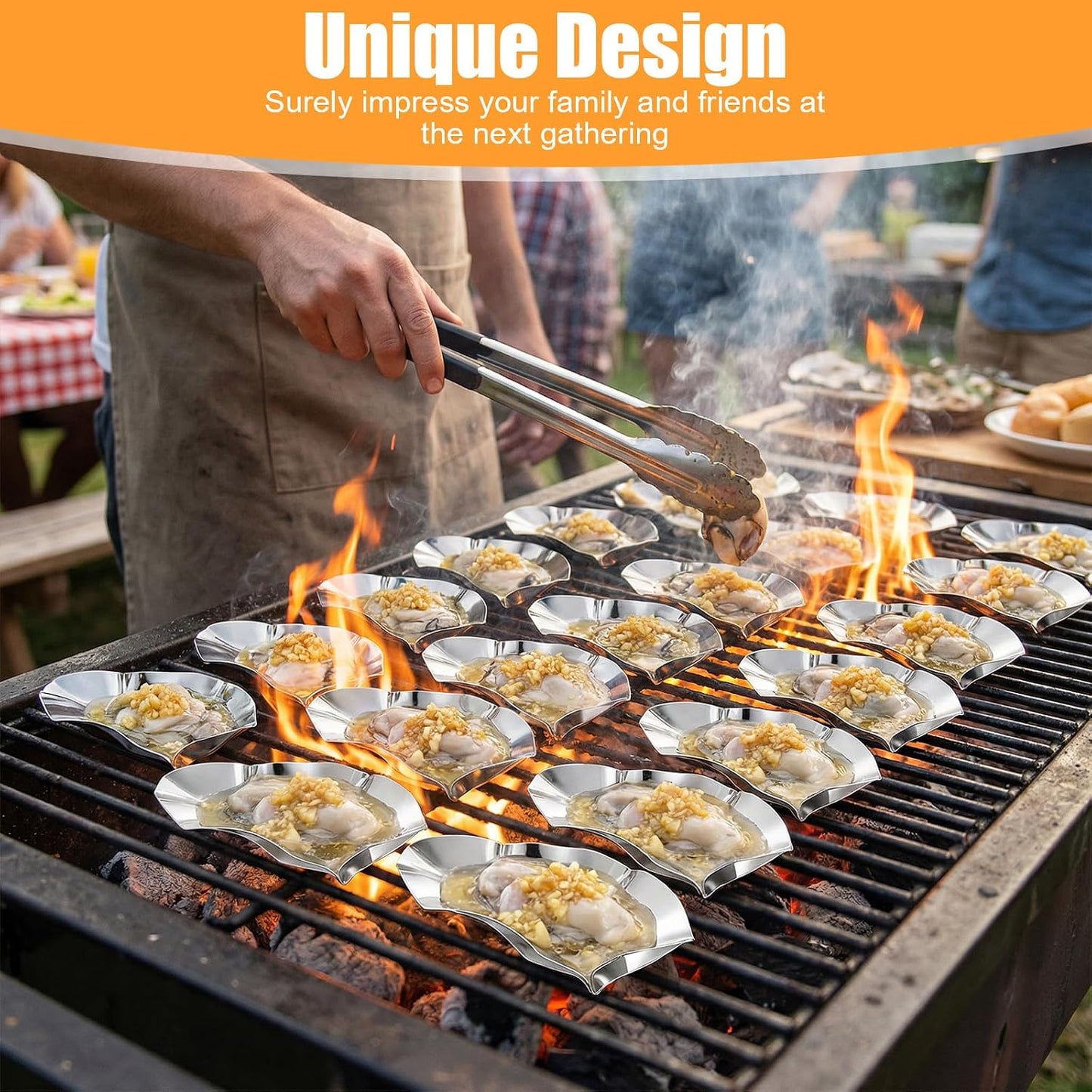 36 Pcs Grillable Stainless Steel Oyster Shells for Cooking and Baking, Reusable Metal Shells Oysters Tray Silver Kitchen Oyster Dish for Seafood Clams Scallops