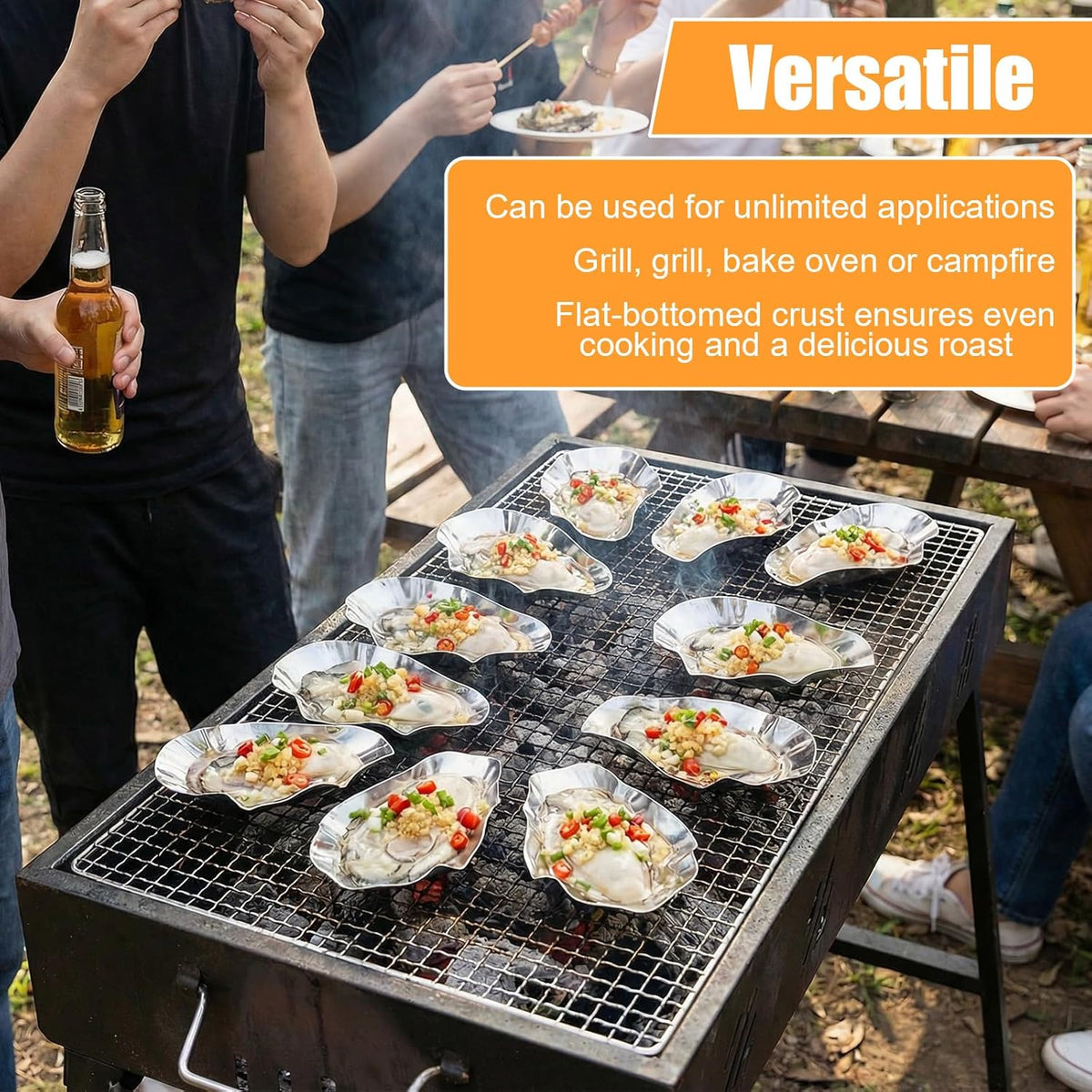 36 Pcs Grillable Stainless Steel Oyster Shells for Cooking and Baking, Reusable Metal Shells Oysters Tray Silver Kitchen Oyster Dish for Seafood Clams Scallops