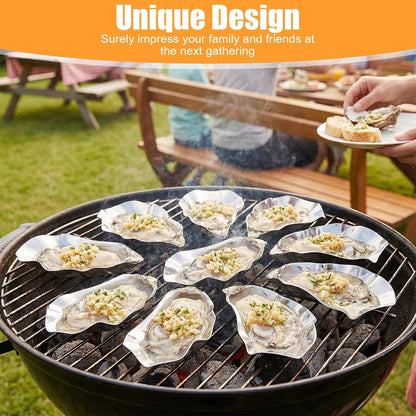 36 Pcs Grillable Stainless Steel Oyster Shells for Cooking and Baking, Reusable Metal Shells Oysters Tray Silver Kitchen Oyster Dish for Seafood Clams Scallops