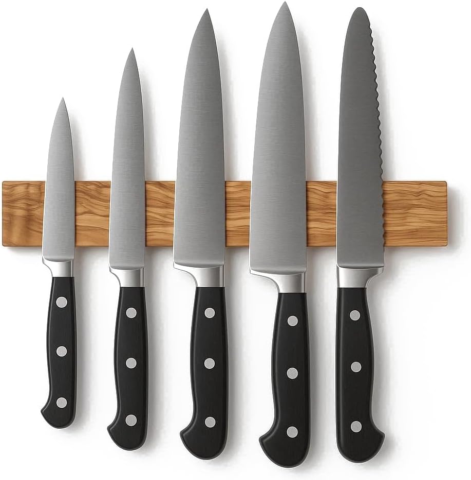 Wooden Knife Magnetic Strip (15,7 x 2.5 in) Mount with Screws, Olive Wood Magnetic Knife Holder for Wall, Space-Saving Knife Rack, Magnetic Knife Holder for Heavy Knifes