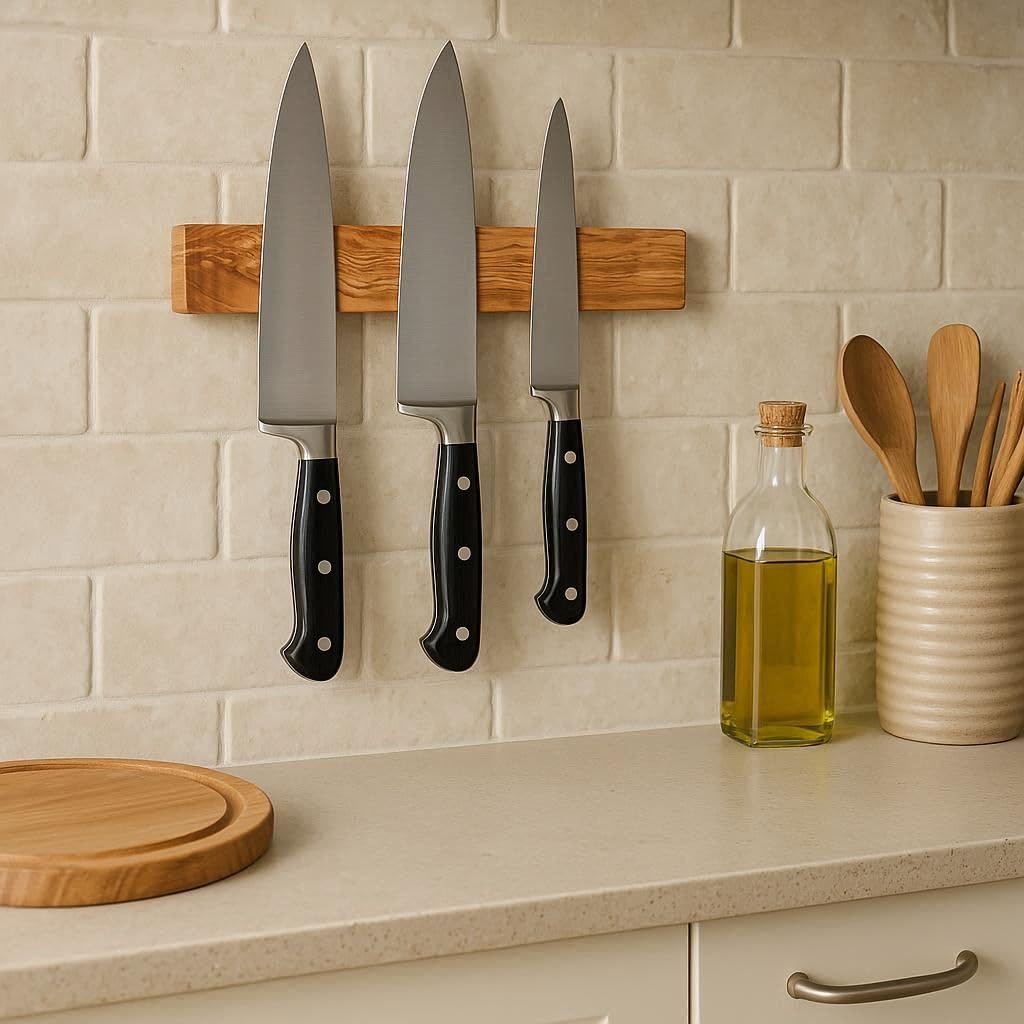 Wooden Knife Magnetic Strip (15,7 x 2.5 in) Mount with Screws, Olive Wood Magnetic Knife Holder for Wall, Space-Saving Knife Rack, Magnetic Knife Holder for Heavy Knifes