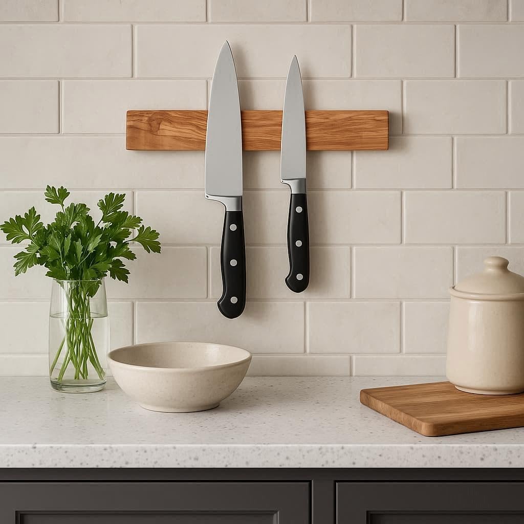 Wooden Knife Magnetic Strip (15,7 x 2.5 in) Mount with Screws, Olive Wood Magnetic Knife Holder for Wall, Space-Saving Knife Rack, Magnetic Knife Holder for Heavy Knifes