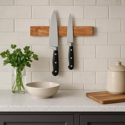 Wooden Knife Magnetic Strip (15,7 x 2.5 in) Mount with Screws, Olive Wood Magnetic Knife Holder for Wall, Space-Saving Knife Rack, Magnetic Knife Holder for Heavy Knifes