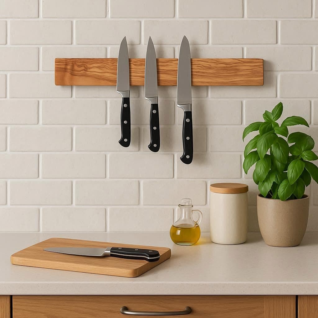 Wooden Knife Magnetic Strip (15,7 x 2.5 in) Mount with Screws, Olive Wood Magnetic Knife Holder for Wall, Space-Saving Knife Rack, Magnetic Knife Holder for Heavy Knifes