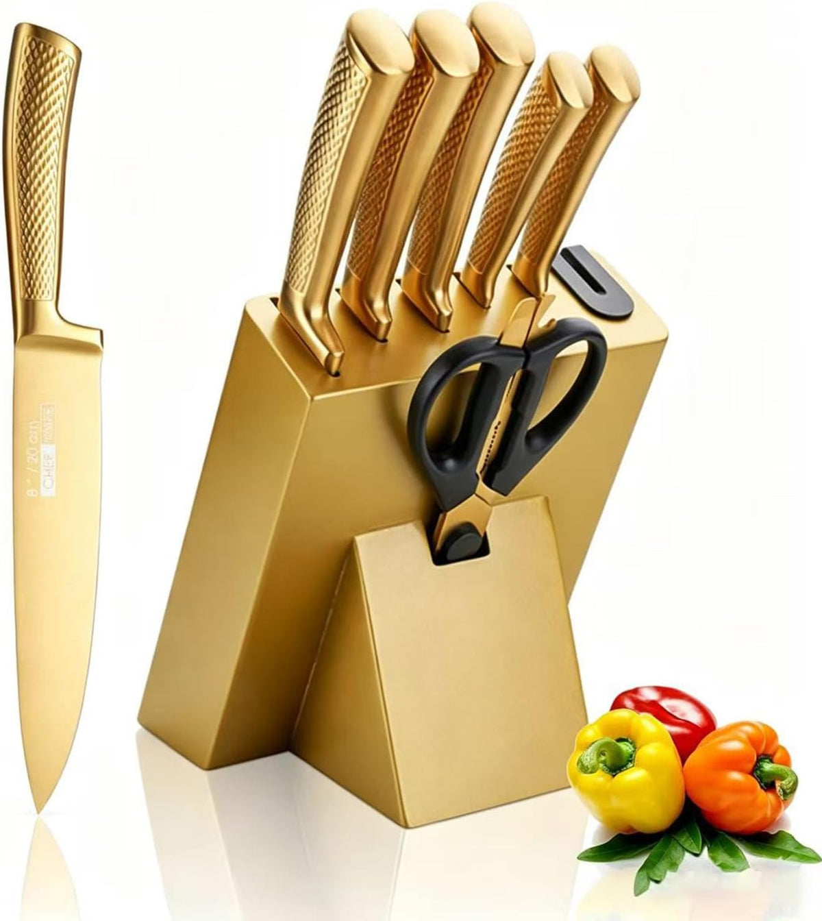 8Pcs Luxury Gold Kitchen Knife Set with Wooden Block,Elegant Gifts | High Carbon Stainless Steel Titanium Coated Chef Knives with Sharpener,Disherwash Safe,Housewarming Gift for Kitchen Decor