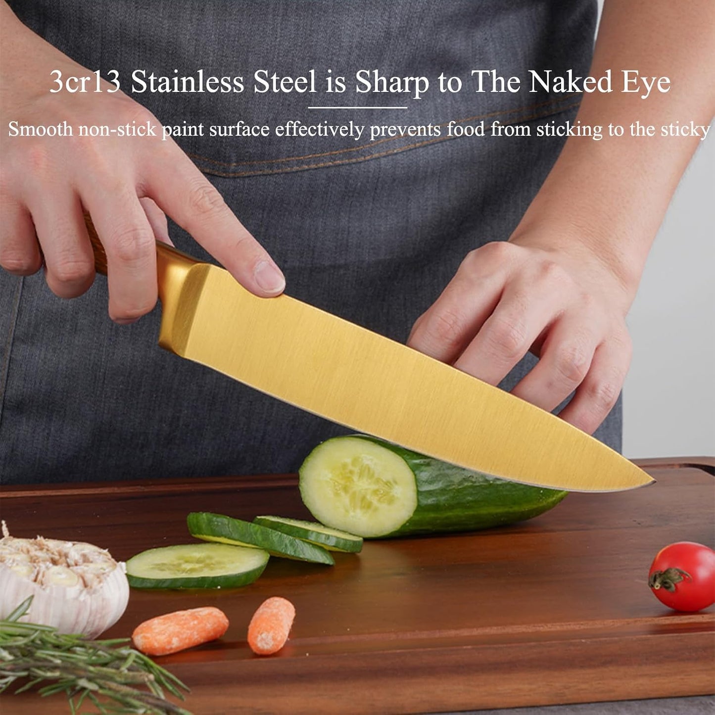 8Pcs Luxury Gold Kitchen Knife Set with Wooden Block,Elegant Gifts | High Carbon Stainless Steel Titanium Coated Chef Knives with Sharpener,Disherwash Safe,Housewarming Gift for Kitchen Decor