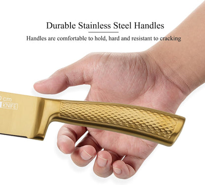 8Pcs Luxury Gold Kitchen Knife Set with Wooden Block,Elegant Gifts | High Carbon Stainless Steel Titanium Coated Chef Knives with Sharpener,Disherwash Safe,Housewarming Gift for Kitchen Decor
