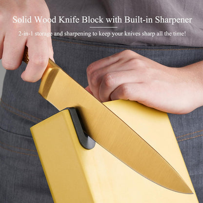 8Pcs Luxury Gold Kitchen Knife Set with Wooden Block,Elegant Gifts | High Carbon Stainless Steel Titanium Coated Chef Knives with Sharpener,Disherwash Safe,Housewarming Gift for Kitchen Decor