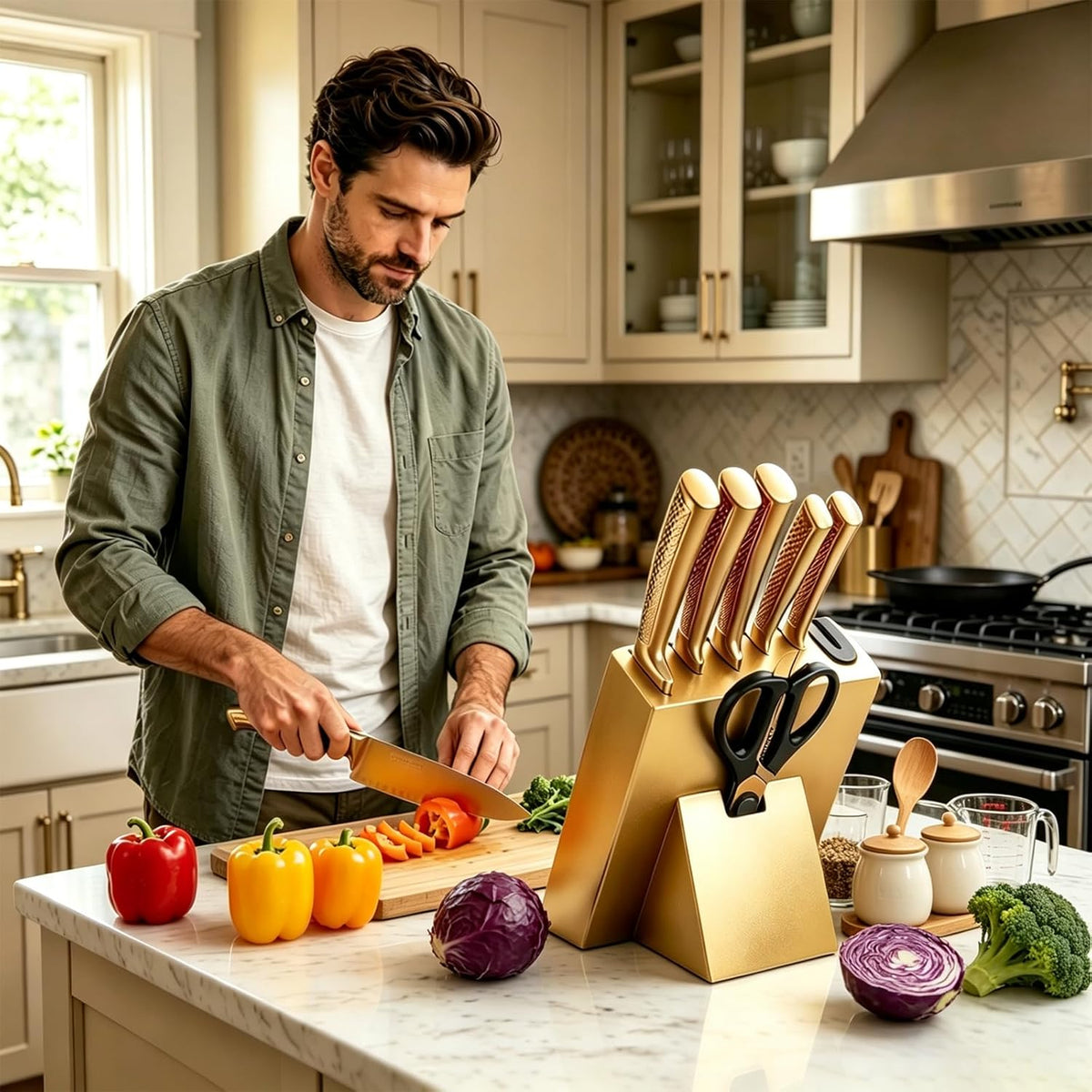 8Pcs Luxury Gold Kitchen Knife Set with Wooden Block,Elegant Gifts | High Carbon Stainless Steel Titanium Coated Chef Knives with Sharpener,Disherwash Safe,Housewarming Gift for Kitchen Decor