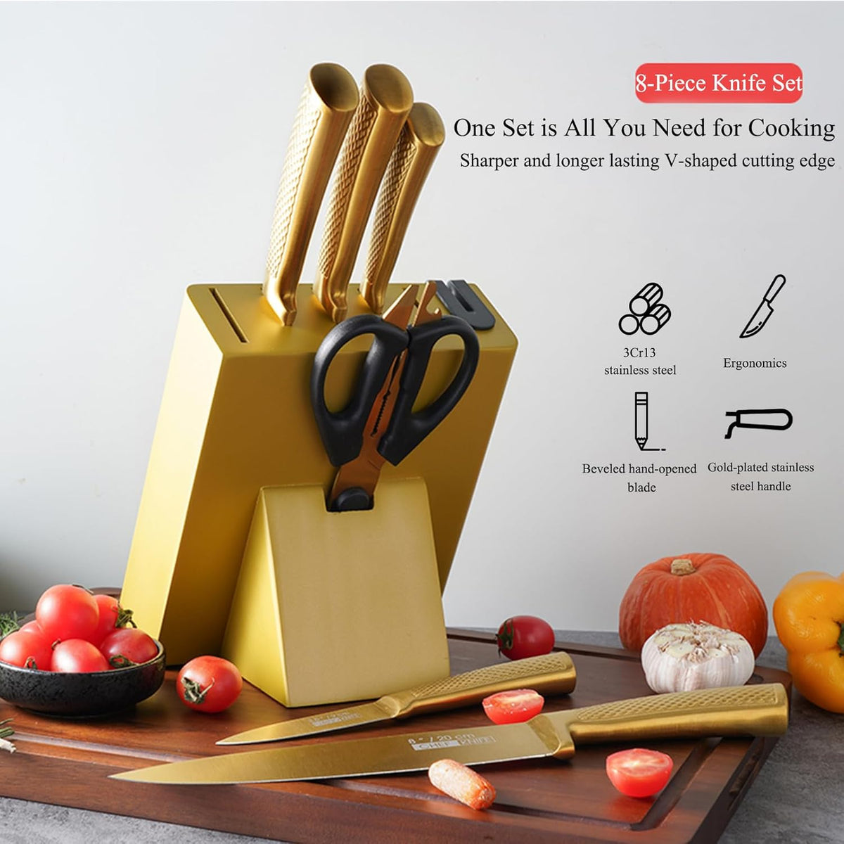 8Pcs Luxury Gold Kitchen Knife Set with Wooden Block,Elegant Gifts | High Carbon Stainless Steel Titanium Coated Chef Knives with Sharpener,Disherwash Safe,Housewarming Gift for Kitchen Decor