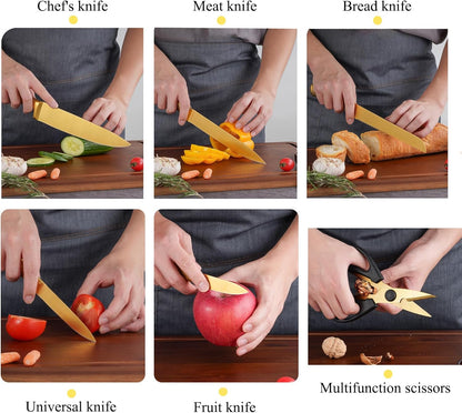 8Pcs Luxury Gold Kitchen Knife Set with Wooden Block,Elegant Gifts | High Carbon Stainless Steel Titanium Coated Chef Knives with Sharpener,Disherwash Safe,Housewarming Gift for Kitchen Decor