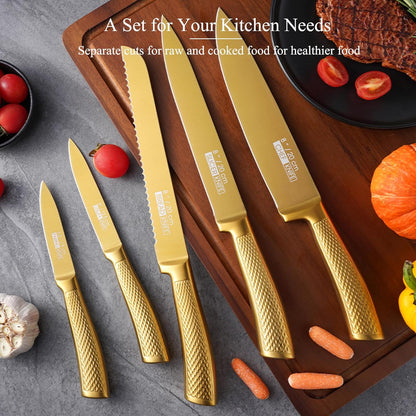 8Pcs Luxury Gold Kitchen Knife Set with Wooden Block,Elegant Gifts | High Carbon Stainless Steel Titanium Coated Chef Knives with Sharpener,Disherwash Safe,Housewarming Gift for Kitchen Decor