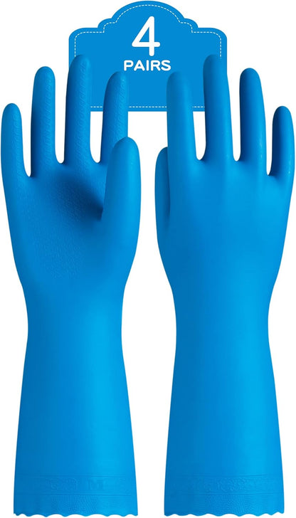 4 Pairs Reusable Dishwashing Cleaning Gloves with Latex Free, Cotton Lining, Kitchen Gloves, Blue, Large