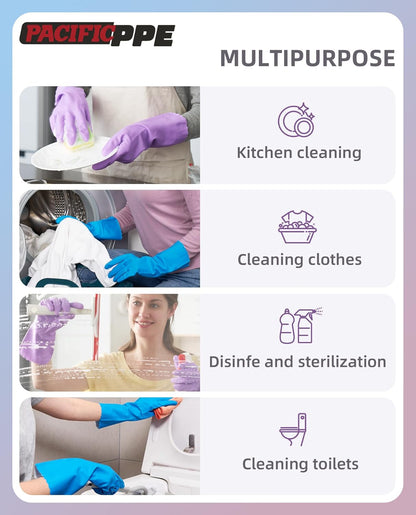 4 Pairs Reusable Dishwashing Cleaning Gloves with Latex Free, Cotton Lining, Kitchen Gloves, Blue, Large