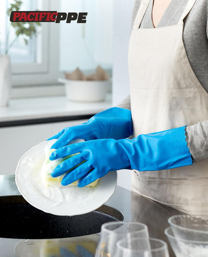 4 Pairs Reusable Dishwashing Cleaning Gloves with Latex Free, Cotton Lining, Kitchen Gloves, Blue, Large