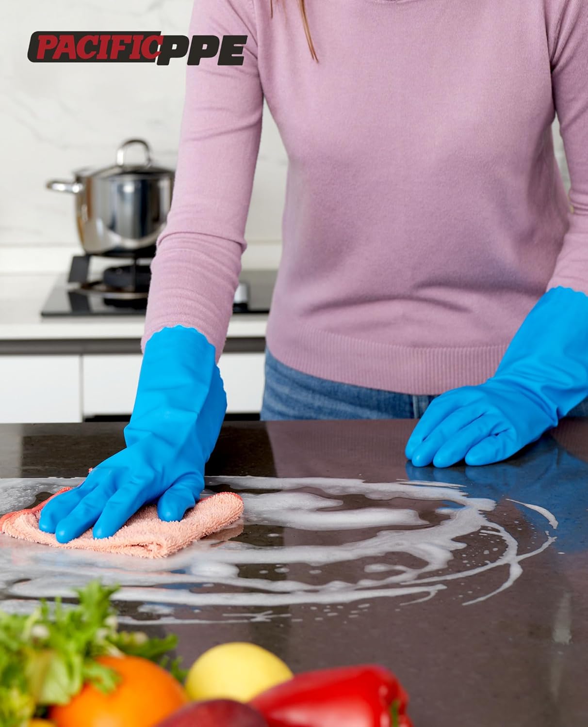 4 Pairs Reusable Dishwashing Cleaning Gloves with Latex Free, Cotton Lining, Kitchen Gloves, Blue, Large