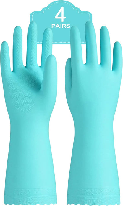 4 Pairs Reusable Dishwashing Cleaning Gloves with Latex Free, Cotton Lining, Kitchen Gloves, Blue, Large