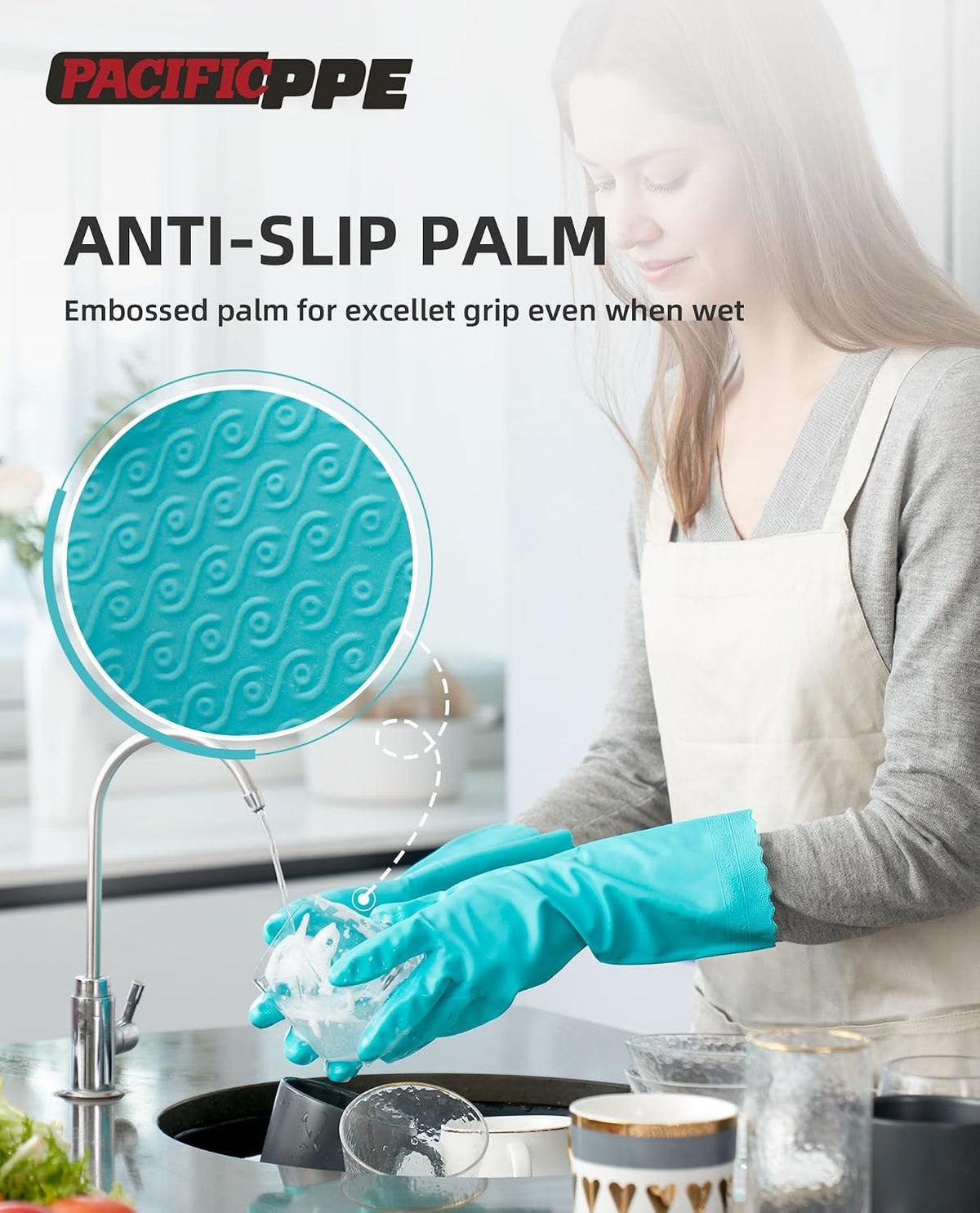 4 Pairs Reusable Dishwashing Cleaning Gloves with Latex Free, Cotton Lining, Kitchen Gloves, Blue, Large