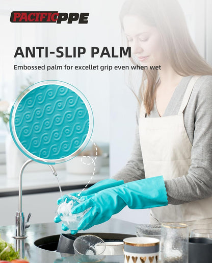 4 Pairs Reusable Dishwashing Cleaning Gloves with Latex Free, Cotton Lining, Kitchen Gloves, Blue, Large