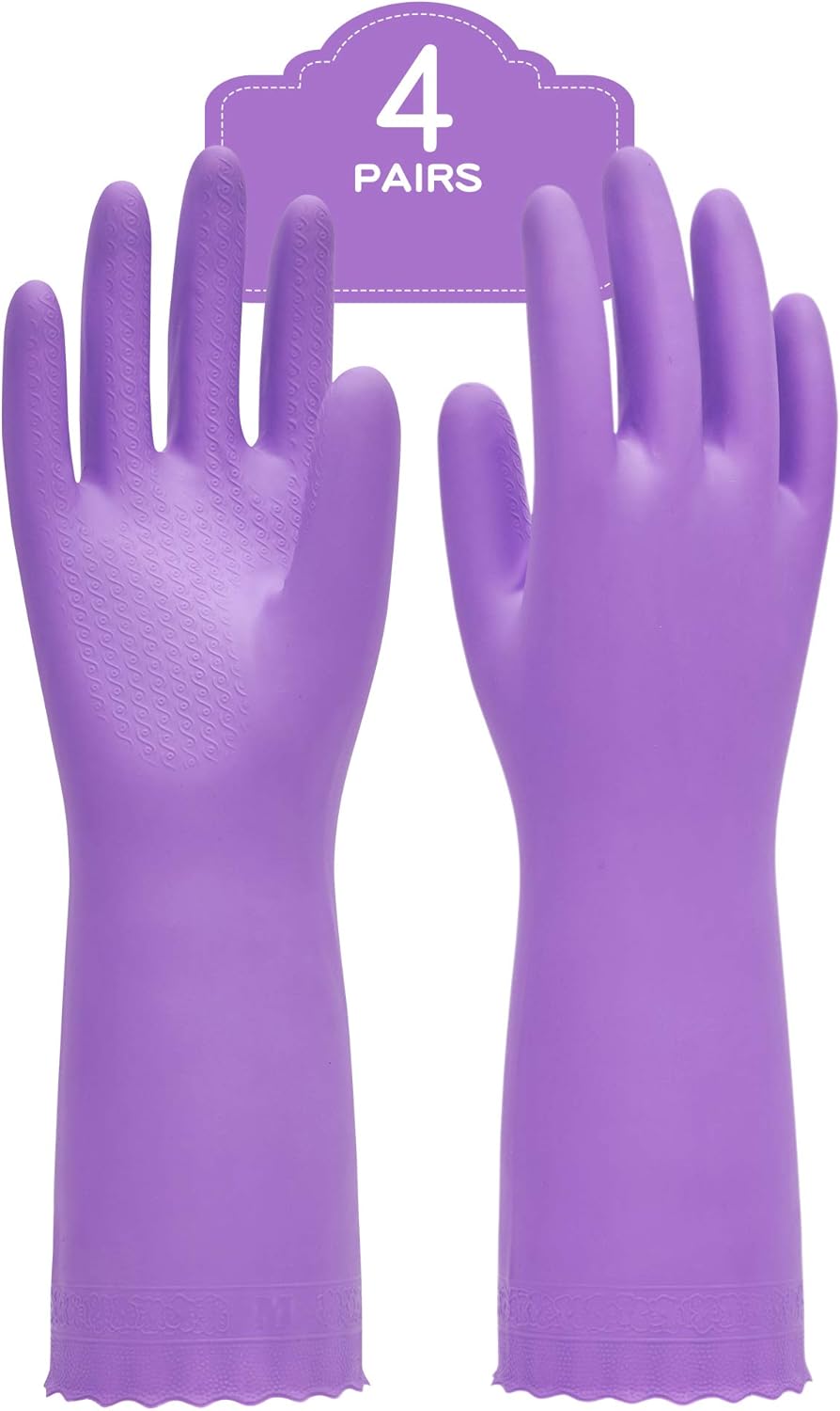 4 Pairs Reusable Dishwashing Cleaning Gloves with Latex Free, Cotton Lining, Kitchen Gloves, Blue, Large
