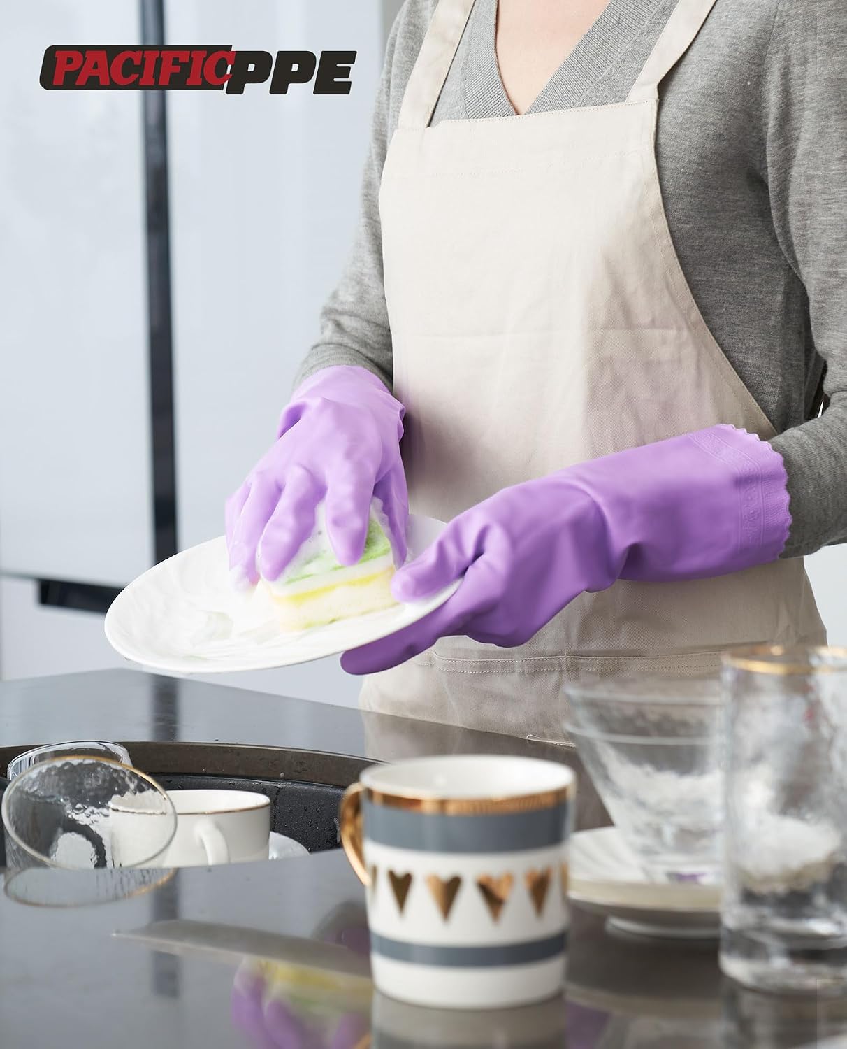 4 Pairs Reusable Dishwashing Cleaning Gloves with Latex Free, Cotton Lining, Kitchen Gloves, Blue, Large