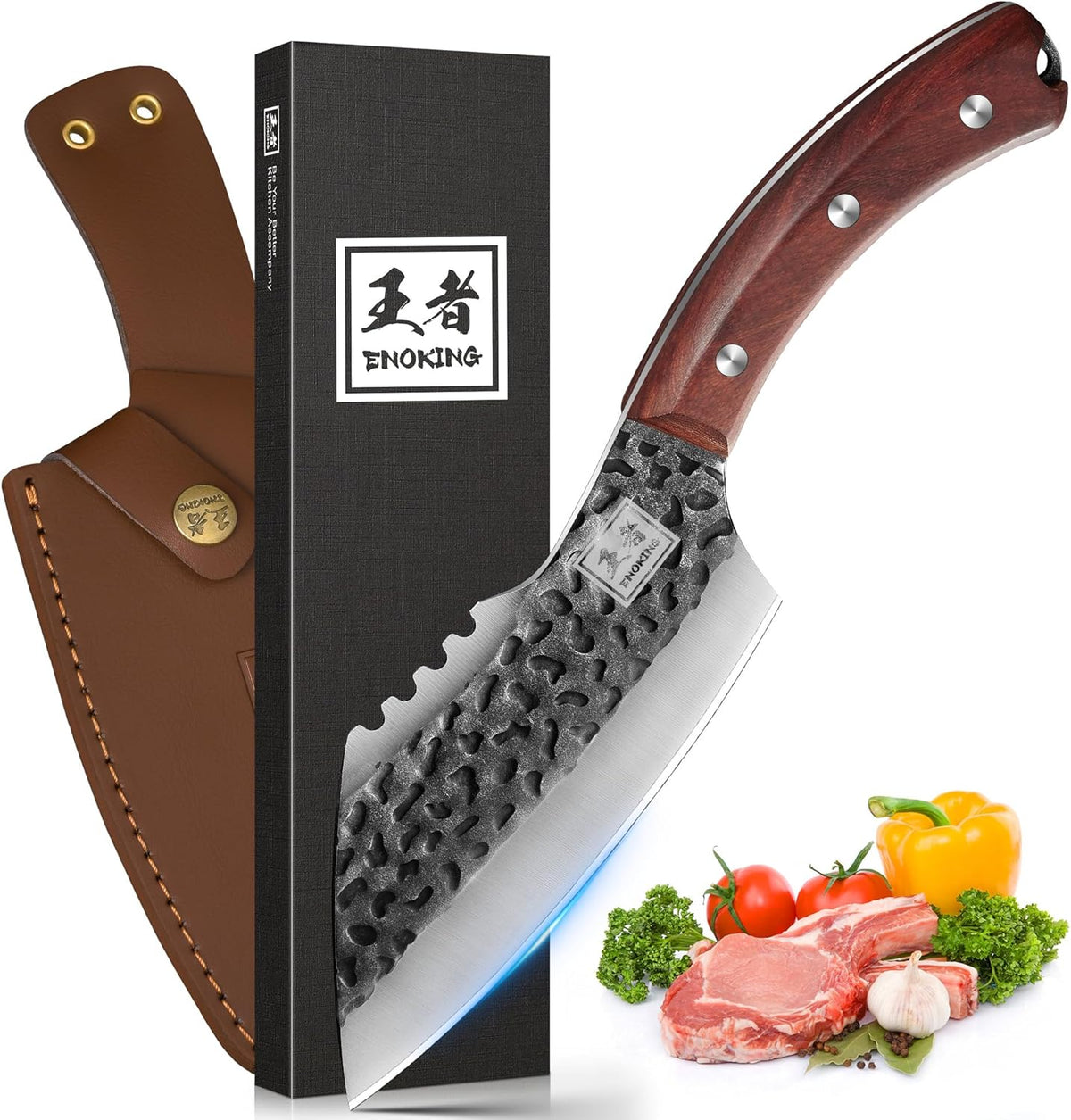 6.1 Inch Meat Cleaver Knife with Sheath, Hand Forged Butcher Knife for Meat Cutting, Full Tang Chef Knife for Kitchen, Outdoor Cooking, Camping, BBQ, with Gift Box