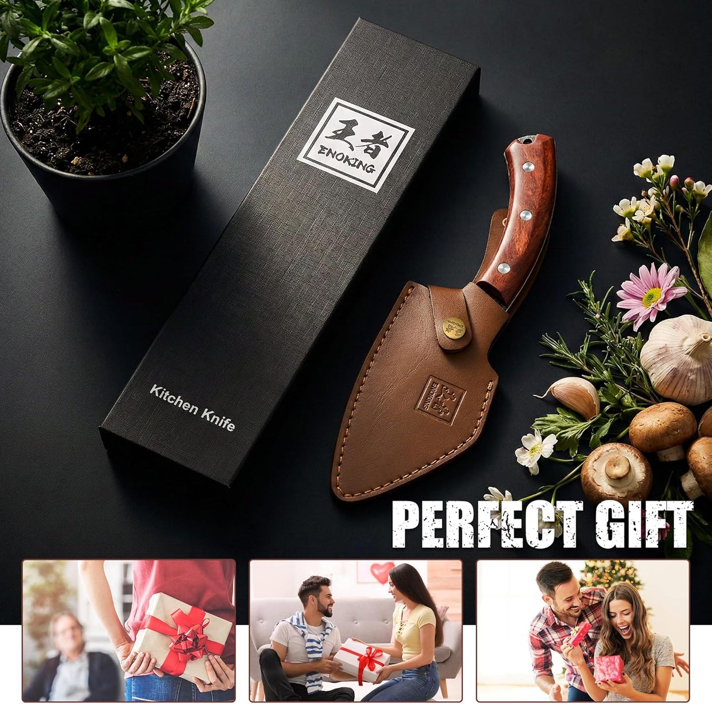 6.1 Inch Meat Cleaver Knife with Sheath, Hand Forged Butcher Knife for Meat Cutting, Full Tang Chef Knife for Kitchen, Outdoor Cooking, Camping, BBQ, with Gift Box