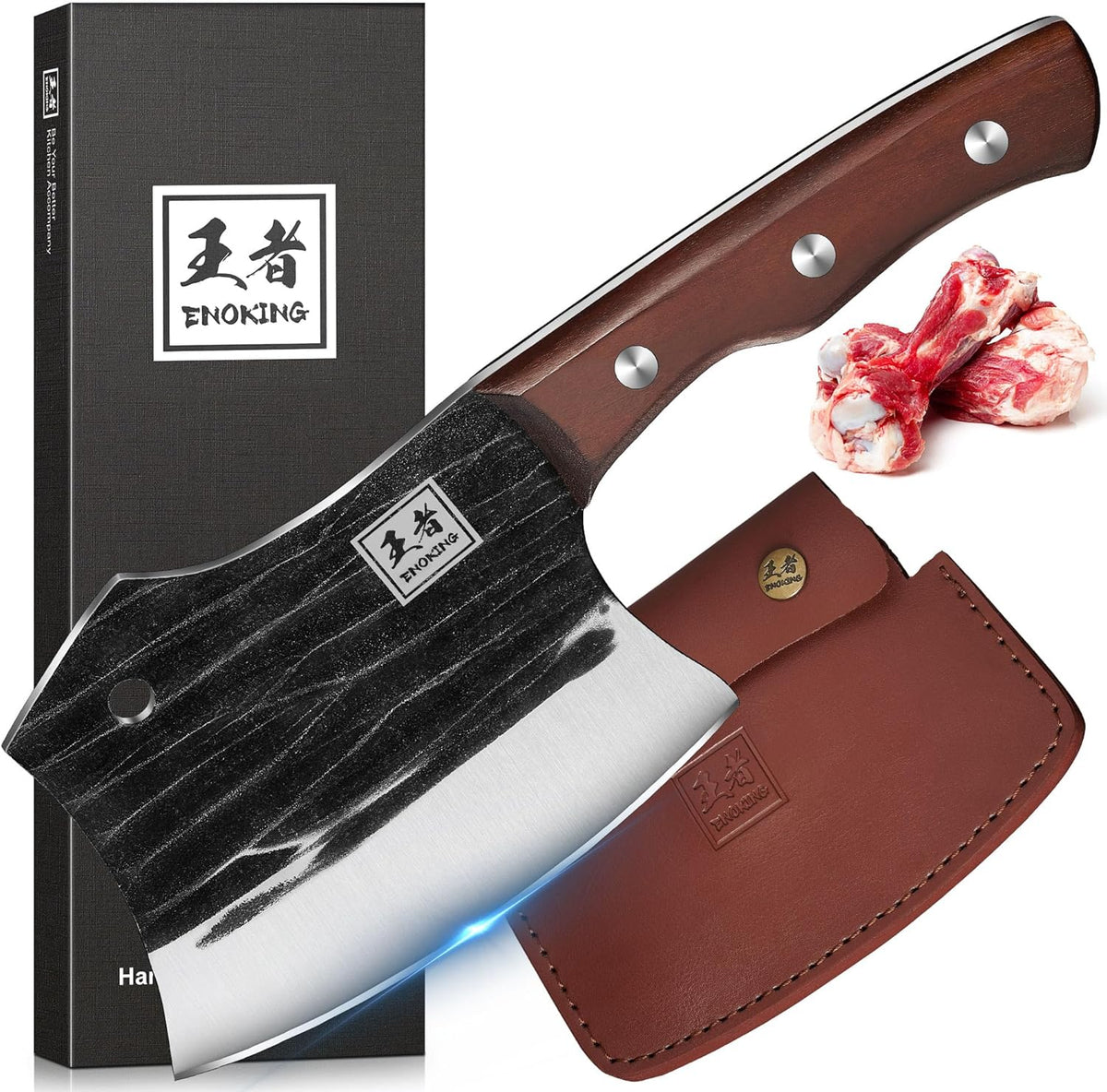 6.1 Inch Meat Cleaver Knife with Sheath, Hand Forged Butcher Knife for Meat Cutting, Full Tang Chef Knife for Kitchen, Outdoor Cooking, Camping, BBQ, with Gift Box
