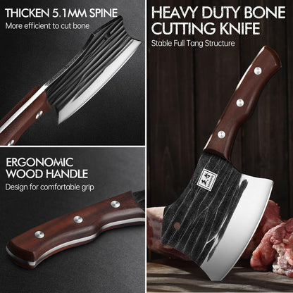 6.1 Inch Meat Cleaver Knife with Sheath, Hand Forged Butcher Knife for Meat Cutting, Full Tang Chef Knife for Kitchen, Outdoor Cooking, Camping, BBQ, with Gift Box