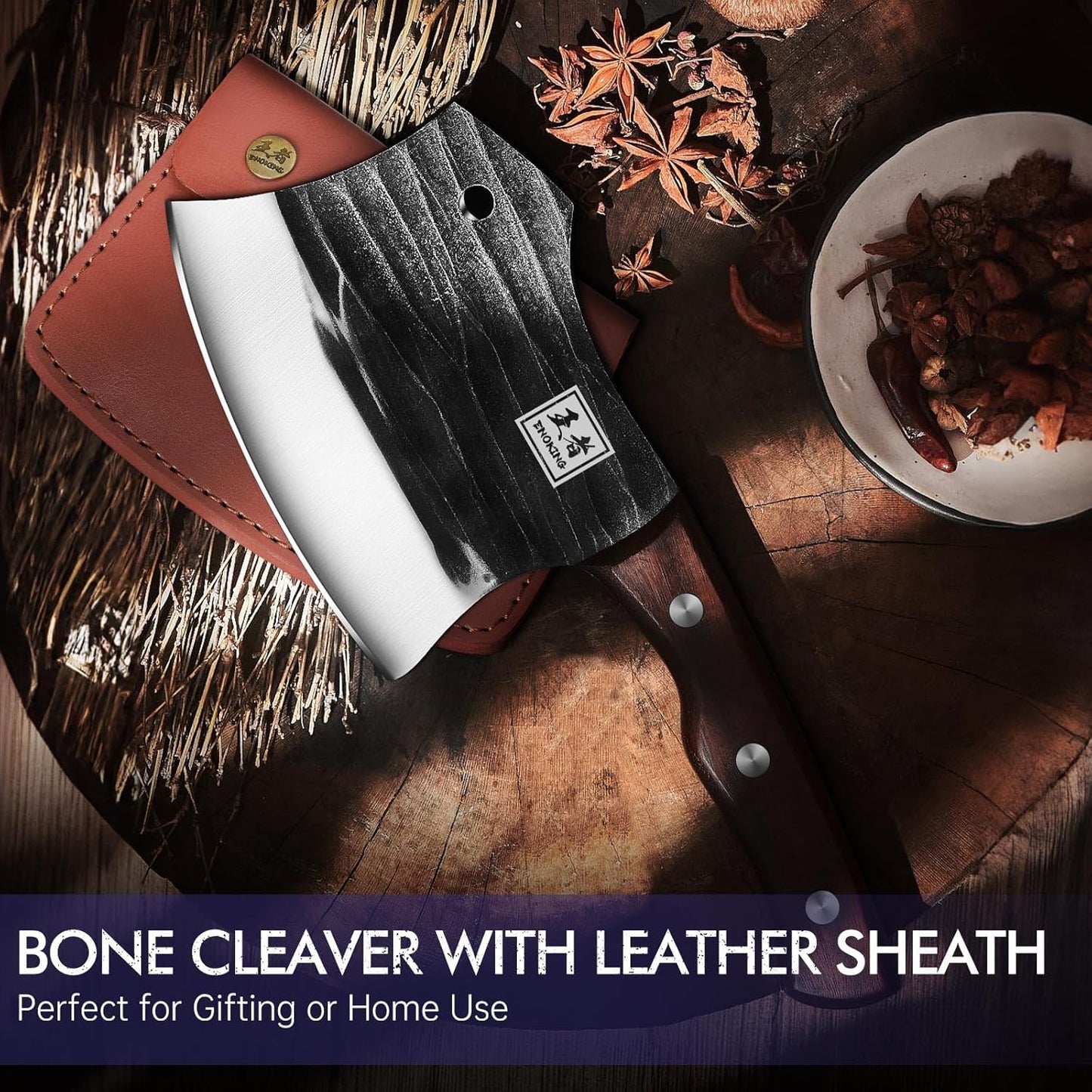 6.1 Inch Meat Cleaver Knife with Sheath, Hand Forged Butcher Knife for Meat Cutting, Full Tang Chef Knife for Kitchen, Outdoor Cooking, Camping, BBQ, with Gift Box