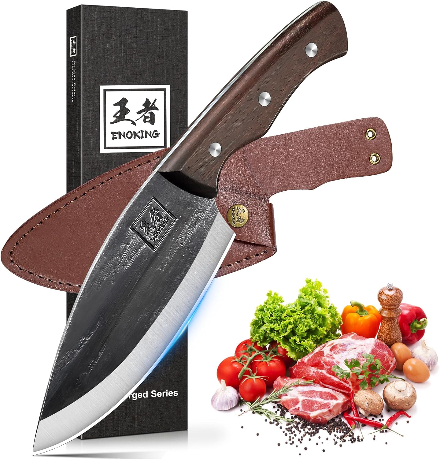 6.1 Inch Meat Cleaver Knife with Sheath, Hand Forged Butcher Knife for Meat Cutting, Full Tang Chef Knife for Kitchen, Outdoor Cooking, Camping, BBQ, with Gift Box