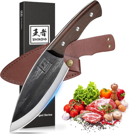 6.1 Inch Meat Cleaver Knife with Sheath, Hand Forged Butcher Knife for Meat Cutting, Full Tang Chef Knife for Kitchen, Outdoor Cooking, Camping, BBQ, with Gift Box