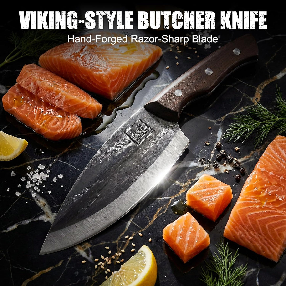 6.1 Inch Meat Cleaver Knife with Sheath, Hand Forged Butcher Knife for Meat Cutting, Full Tang Chef Knife for Kitchen, Outdoor Cooking, Camping, BBQ, with Gift Box