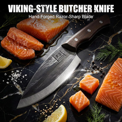6.1 Inch Meat Cleaver Knife with Sheath, Hand Forged Butcher Knife for Meat Cutting, Full Tang Chef Knife for Kitchen, Outdoor Cooking, Camping, BBQ, with Gift Box
