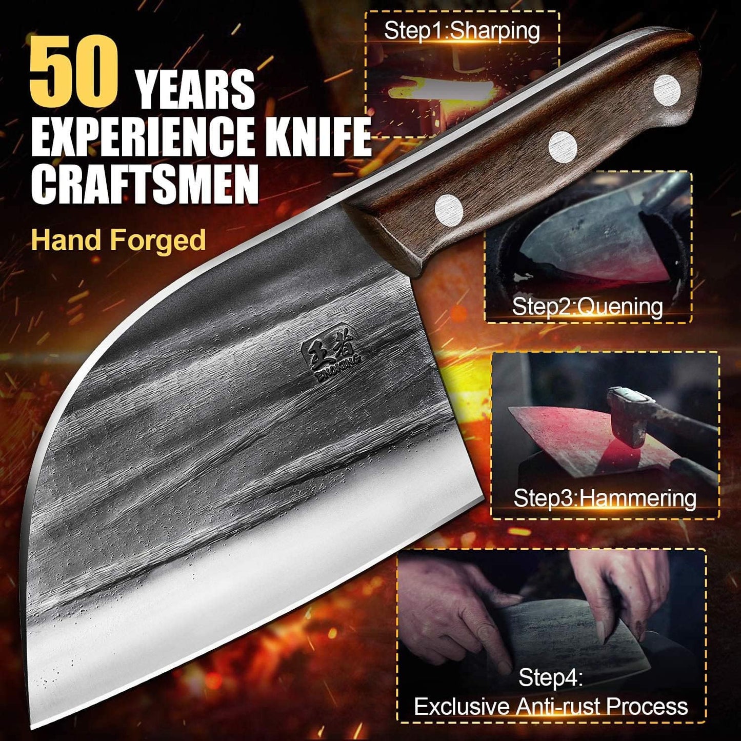 6.1 Inch Meat Cleaver Knife with Sheath, Hand Forged Butcher Knife for Meat Cutting, Full Tang Chef Knife for Kitchen, Outdoor Cooking, Camping, BBQ, with Gift Box