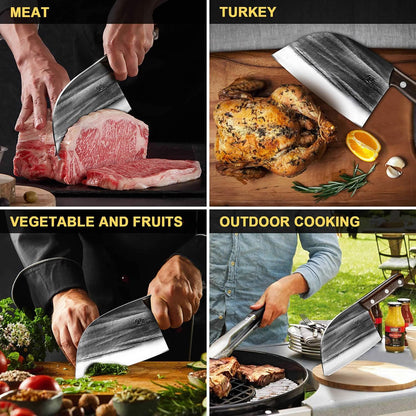 6.1 Inch Meat Cleaver Knife with Sheath, Hand Forged Butcher Knife for Meat Cutting, Full Tang Chef Knife for Kitchen, Outdoor Cooking, Camping, BBQ, with Gift Box