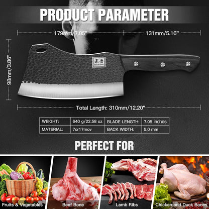 6.1 Inch Meat Cleaver Knife with Sheath, Hand Forged Butcher Knife for Meat Cutting, Full Tang Chef Knife for Kitchen, Outdoor Cooking, Camping, BBQ, with Gift Box