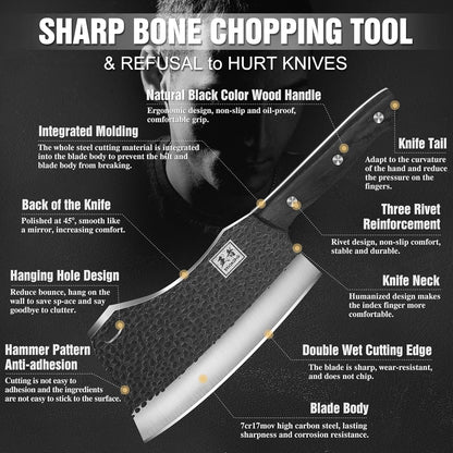 6.1 Inch Meat Cleaver Knife with Sheath, Hand Forged Butcher Knife for Meat Cutting, Full Tang Chef Knife for Kitchen, Outdoor Cooking, Camping, BBQ, with Gift Box